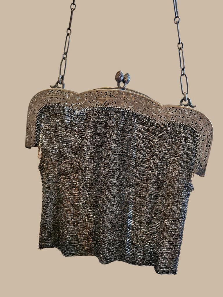 Antieke kettingbeurs/avondtasje, zilverkleurig metaal, Ophalen, Dames, Onbekend