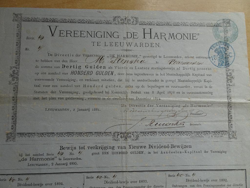 Aandeel "Vereeniging de Harmonie" te Leeuwarden. ZELDZAAM, Ophalen of Verzenden, Aandeel