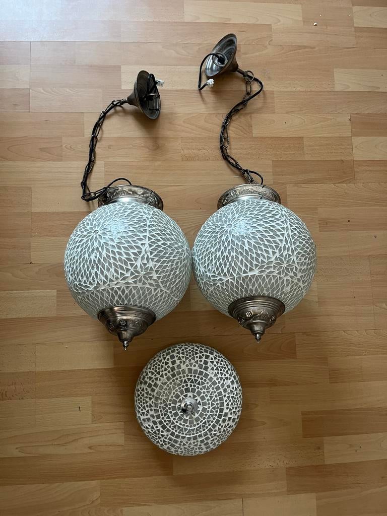 Set van 2 Hanglampen en 1 Plafonnière - Mozaïek Design, Ophalen, Zo goed als nieuw, Glas, 50 tot 75 cm