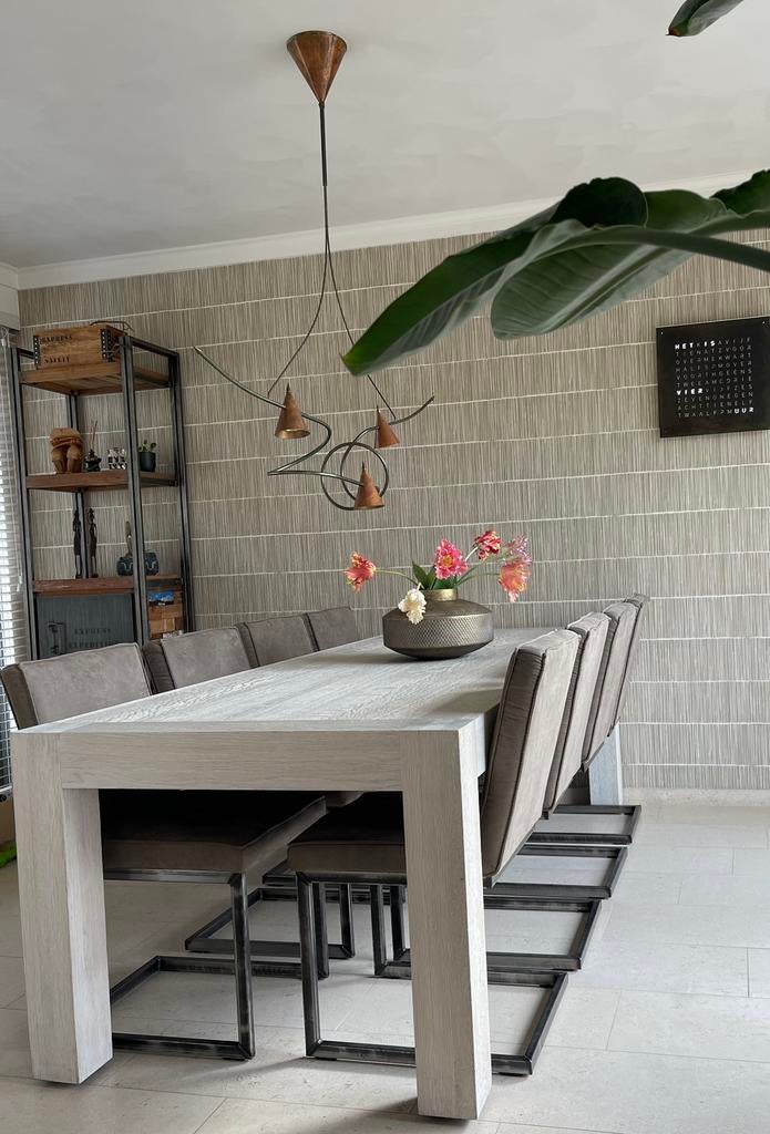 Whitewash eiken eettafel met 8 stoelen 240 x 100 cm, Huis en Inrichting, Tafels | Eettafels, Ophalen, Gebruikt, 100 tot 150 cm