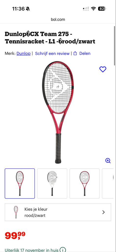 Dunlop CX Team 275 Tennisracket - Zo goed als nieuw, Sport en Fitness, Tennis, L1, Ophalen of Verzenden, Zo goed als nieuw, Racket
