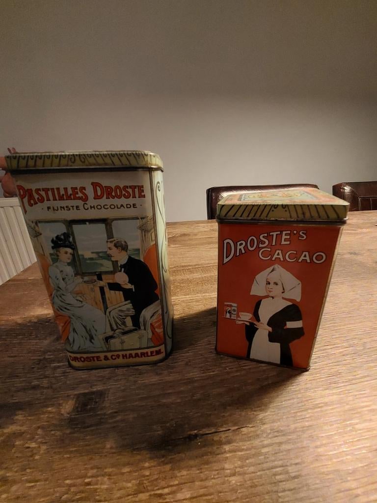 Vintage Droste Cacao en Chocolade Blikken (Set van 2), Ophalen of Verzenden, Gebruikt, Overige, Droste