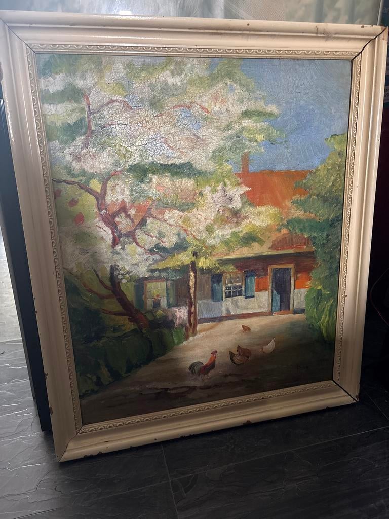 Oud schilderij met huis en kippen, Antiek en Kunst, Ophalen