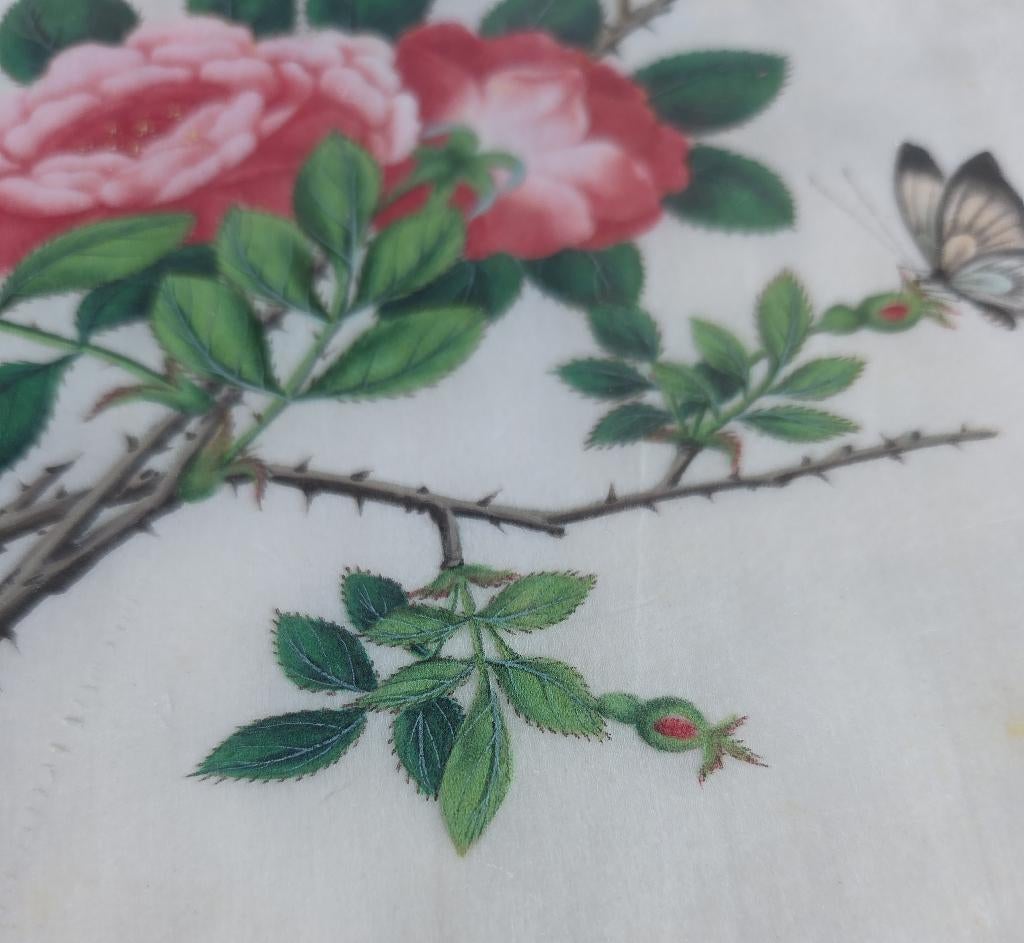 Antiek chinees schilderij rijstpapier bloemen vlinders China, Ophalen of Verzenden