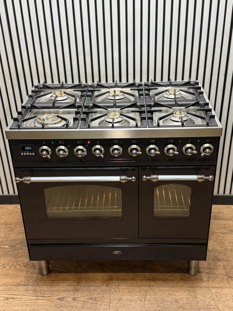 Luxe Boretti Fornuis 6 pits antraciet dubbele oven 90 cm, Fornello Esperta, Ophalen of Verzenden, Zo goed als nieuw, Energieklasse A of zuiniger