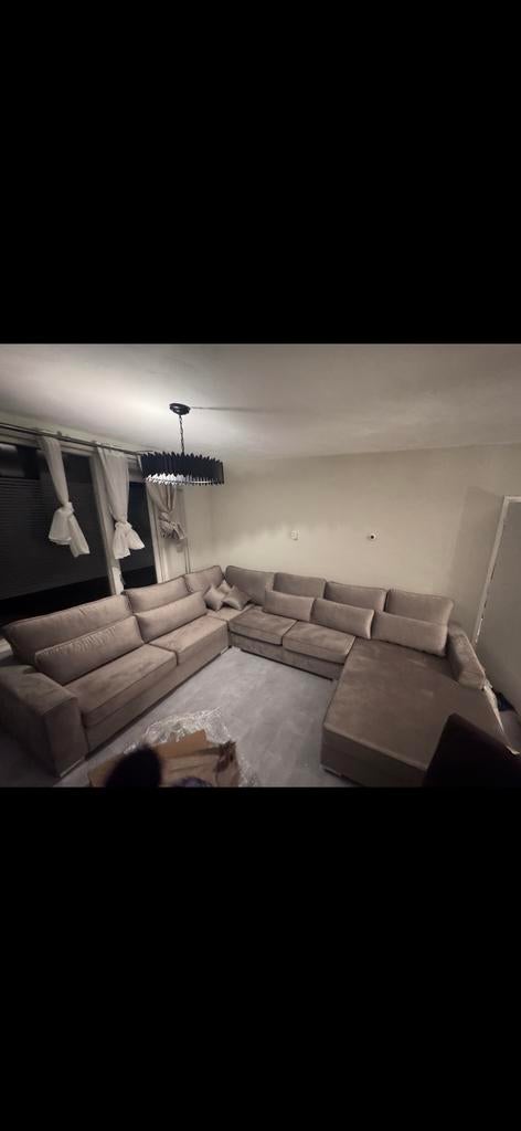 Moderne bank, eettafel en 8 stoelen, Huis en Inrichting, 100 tot 125 cm, Hoekbank, 300 cm of meer, Ophalen of Verzenden