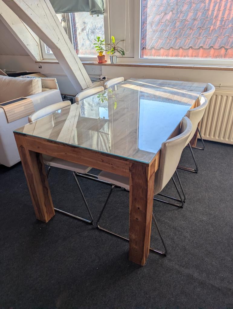 Tafel Hout met Glasplaat, Ophalen, Gebruikt, Vijf personen of meer, 150 tot 200 cm