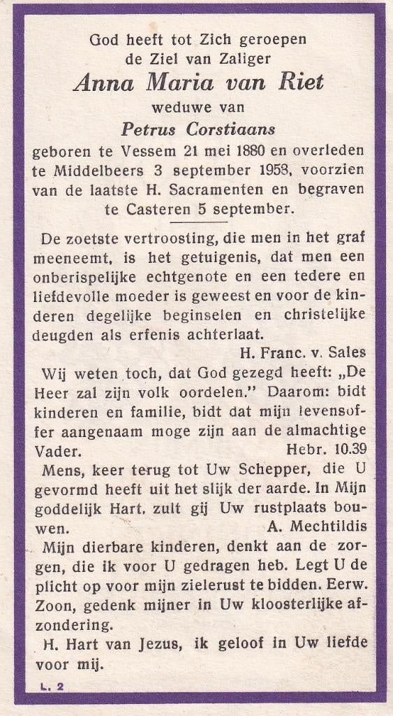 Riet Anna 1880 Vessem 1958 Middelbeers, Ophalen of Verzenden, Bidprentje