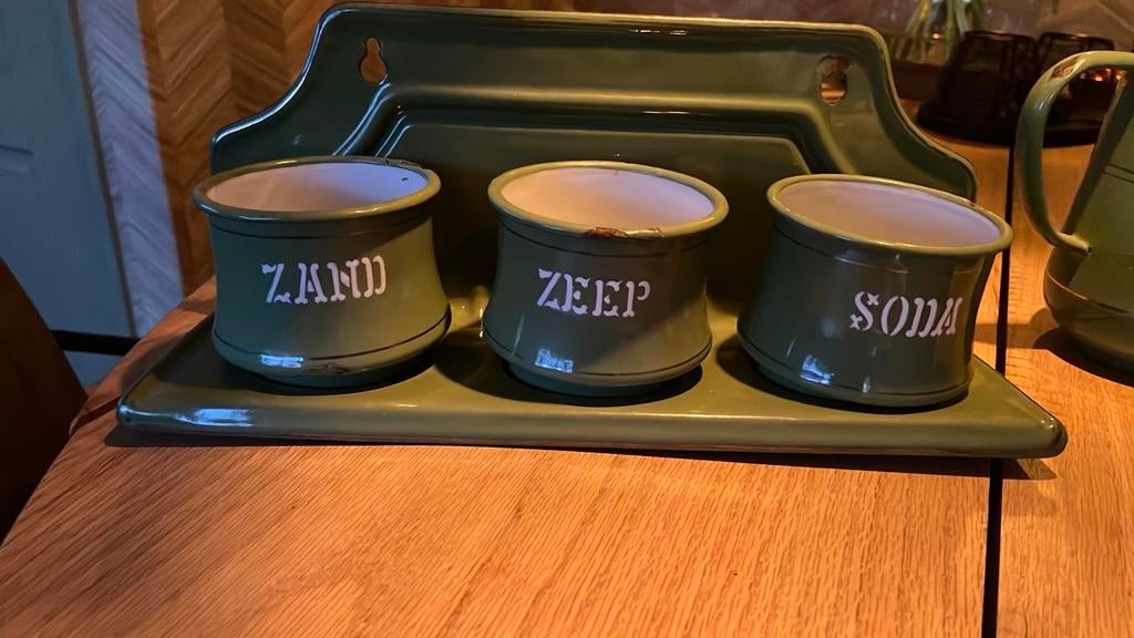 Antiek emaille groen keuken gerei, Ophalen of Verzenden
