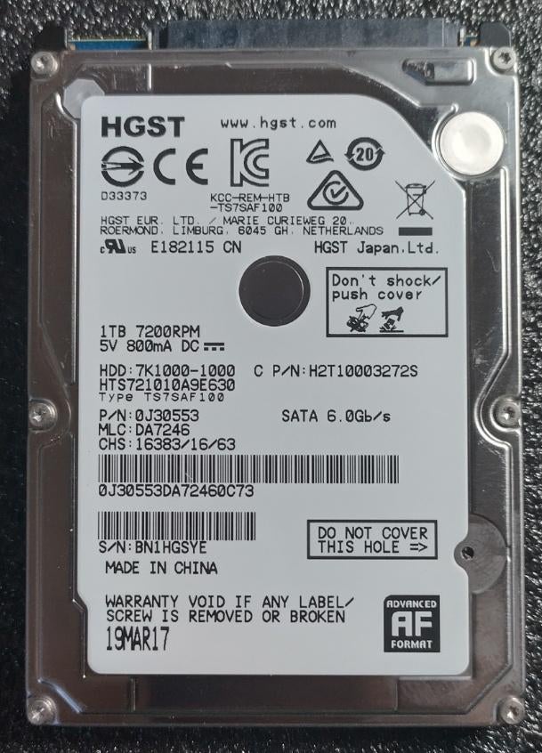 1TB HDD 2.5 HGST HGSYE, Computers en Software, Harde schijven, Intern, Gebruikt, Verzenden, 1TB