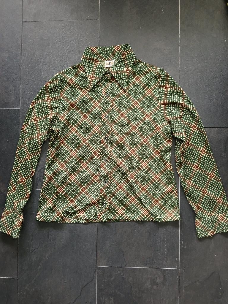 Vintage jaren 70 puntkraag groen rood bruin geruit blouse M, Maat 38/40 (M), Verzenden, Zo goed als nieuw, Vintage