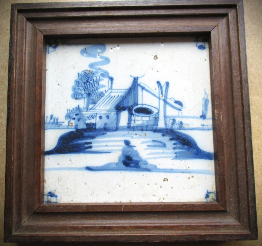 Delfts Blauw antieke wandtegel Huis met put~17e of 18e eeuw, Antiek en Kunst, Ophalen of Verzenden