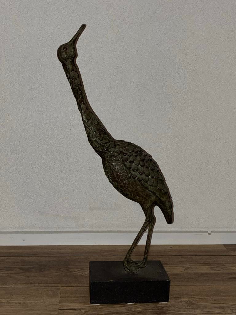 Bronzen Kraanvogel Beeld op Sokkel - 68 cm hoog, Ophalen of Verzenden