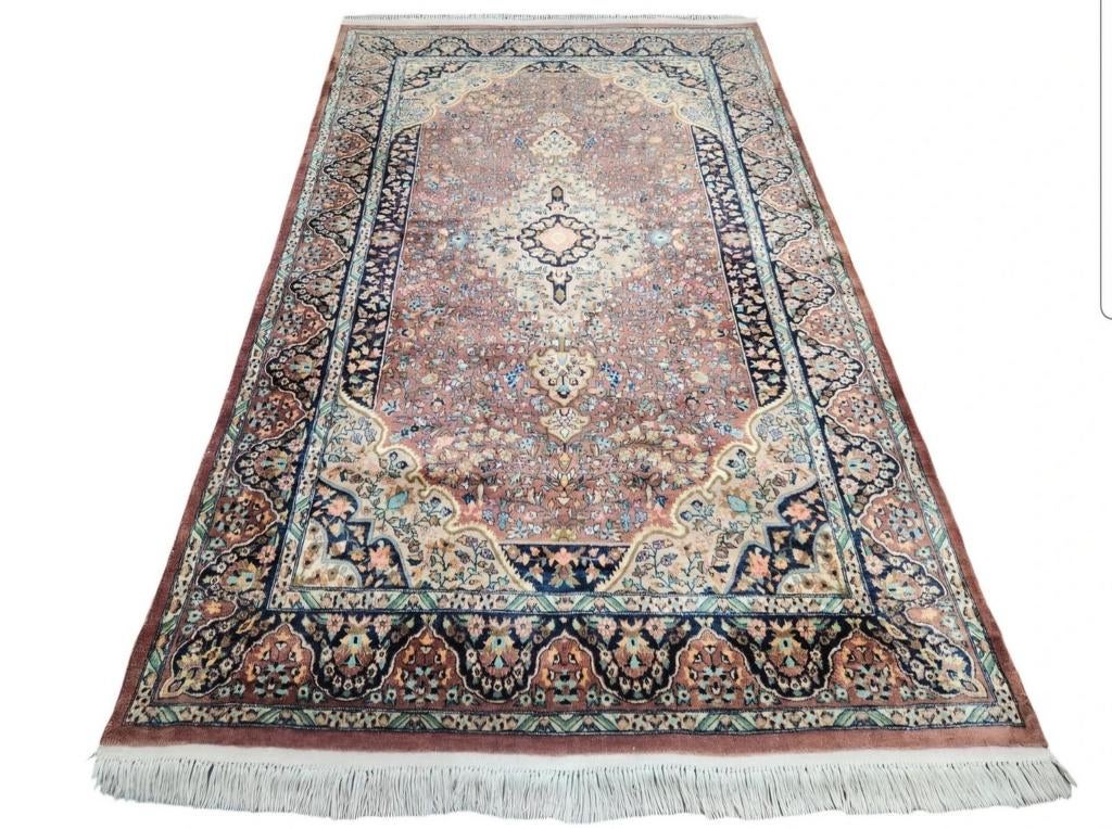 Handgeknoopt vintage Kashmir wol tapijt koraal 156x263cm, Huis en Inrichting, Stoffering | Tapijten en Kleden, Zo goed als nieuw