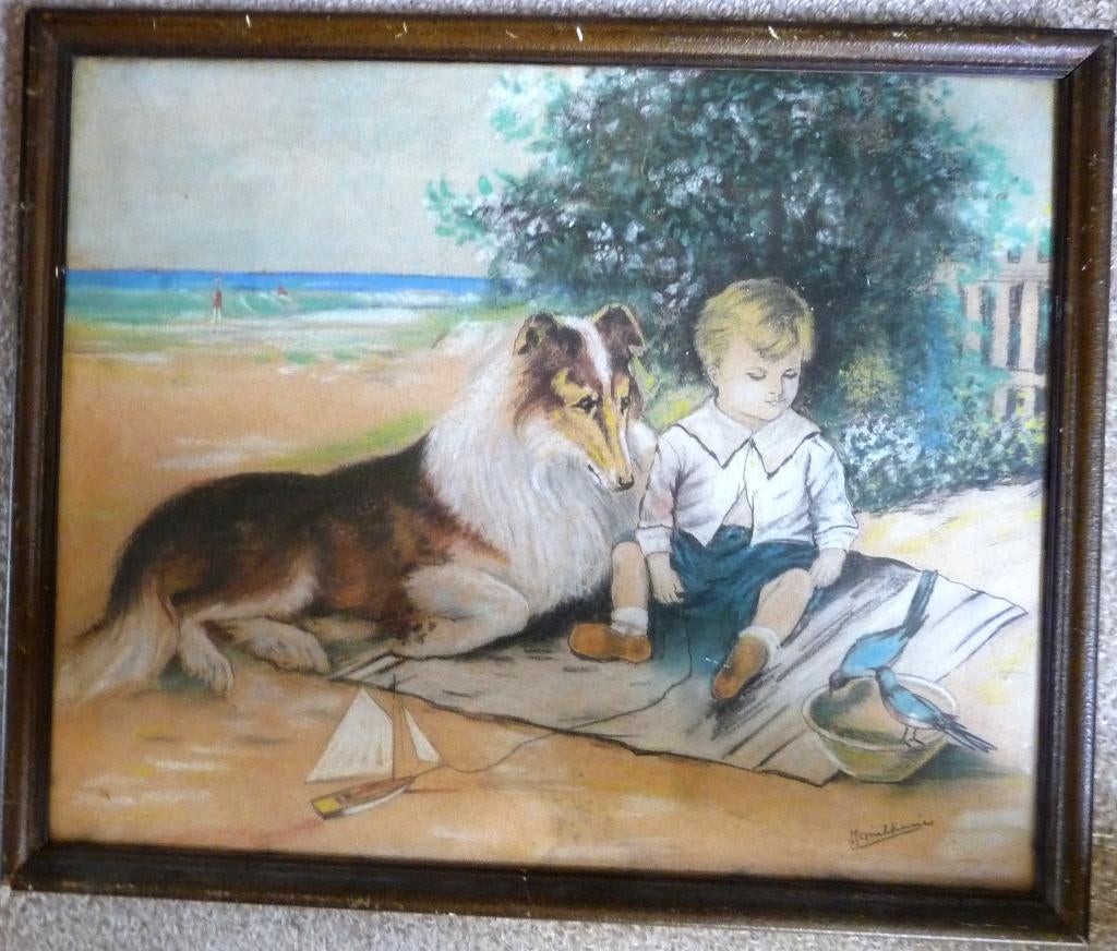 Jongetje met Collie op strand ~1920 - J. Mikkenie – pastel, Ophalen of Verzenden