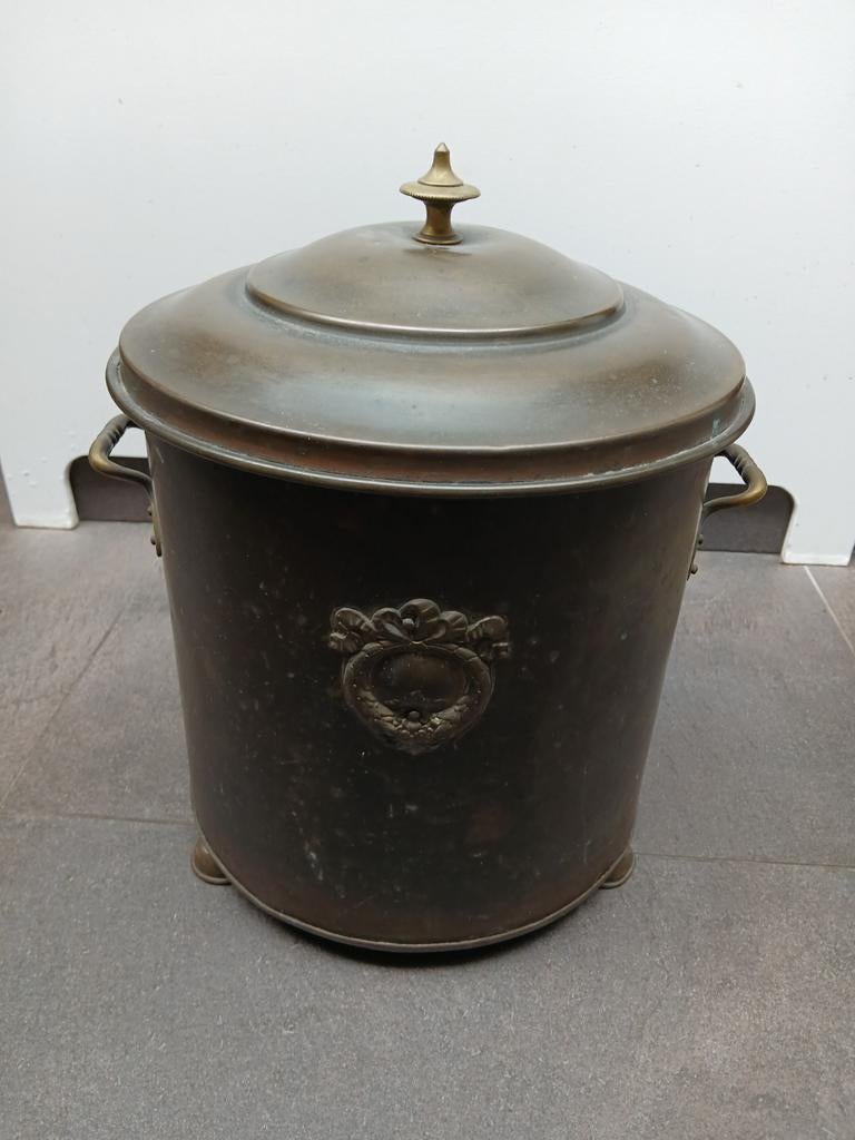 Antieke koperen kolenemmer (doofpot) met deksel, Antiek en Kunst, Antiek | Koper en Brons, Ophalen of Verzenden