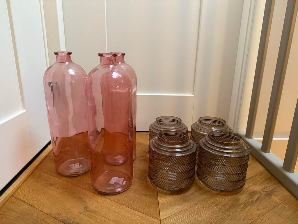 Roze en grijze vazen set, Huis en Inrichting, Woonaccessoires | Vazen, Ophalen, Gebruikt, Overige kleuren, Glas