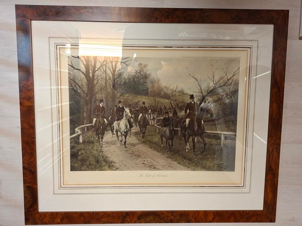 Pentekening paarden jacht in notenhouten lijst "engels tafer, Antiek en Kunst, Ophalen