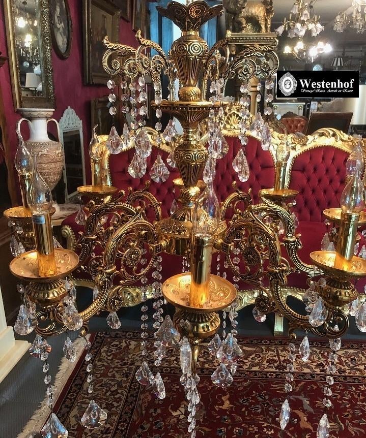 Groot kristallen kroonluchter klassiek messing goud - Ø 80cm, Ophalen of Verzenden, Gebruikt, Overige materialen, Klassiek / antiek