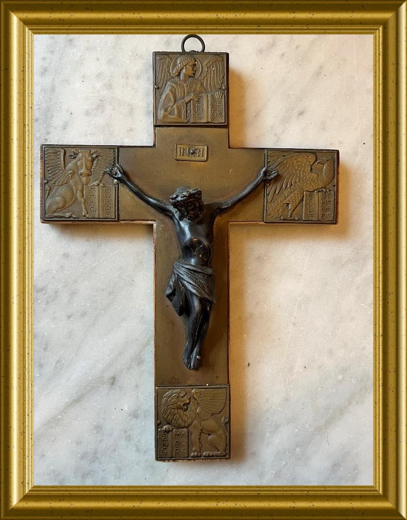 Oud houten kruis, corpus, crucifix, 4 evangelisten, Antiek en Kunst, Antiek | Religie, Ophalen of Verzenden