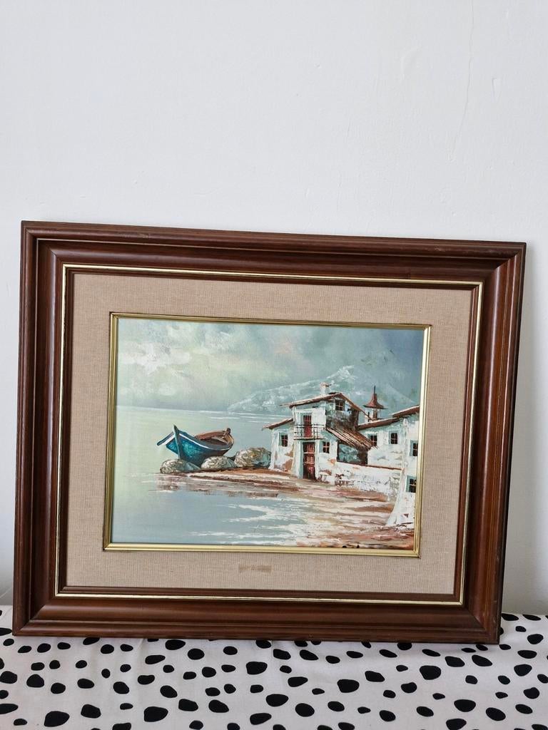 Schilderij met Mediterraan kustlandschap en boten, Ophalen of Verzenden