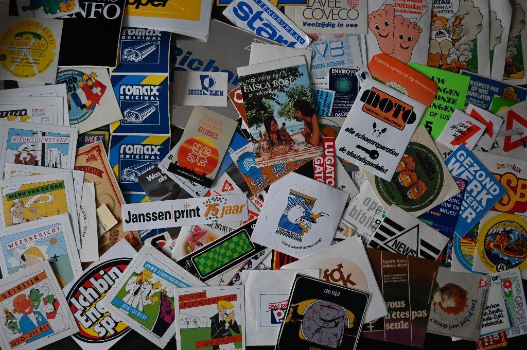 stickers verzameling oude stickers Doos vol Retro Vintage, Ophalen, Zo goed als nieuw