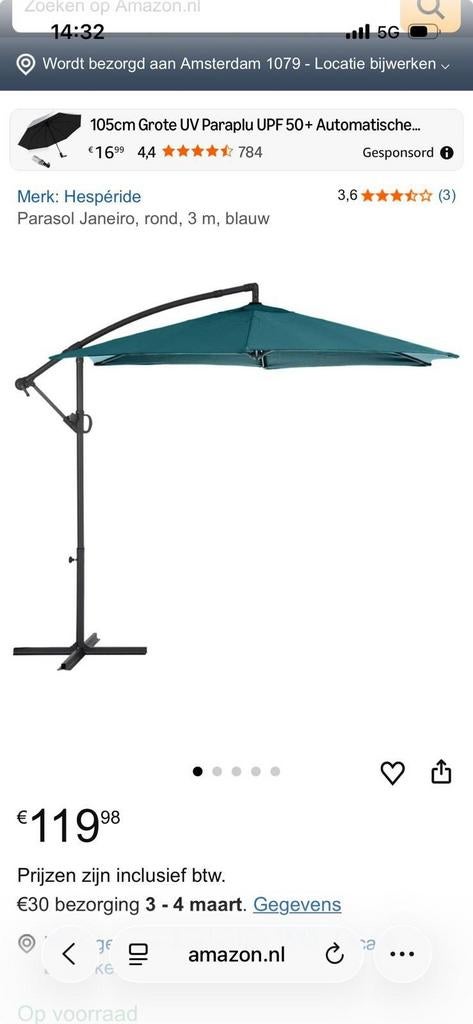Hesperide Janeiro parasol, Ophalen of Verzenden, Nieuw, Minder dan 1 meter, Parasolvoet