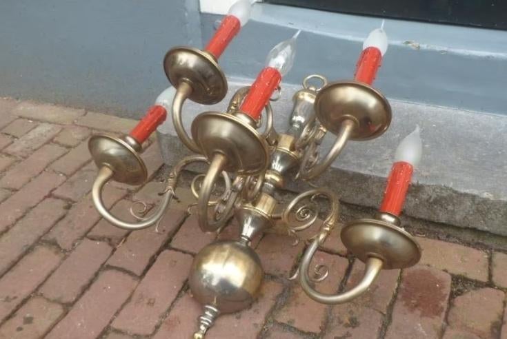 Koperen 5 lichts wandlamp wandapplique groot model 55 cm, Huis en Inrichting, Lampen | Wandlampen, Ophalen of Verzenden, Gebruikt