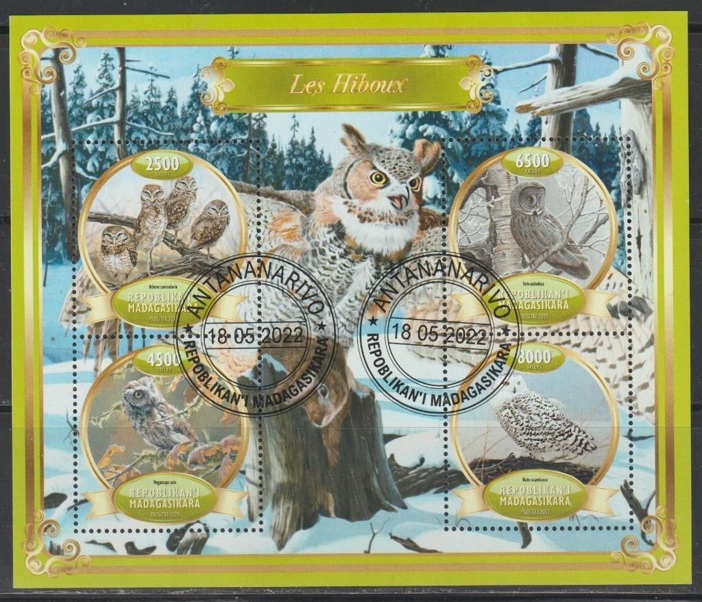 VOGELS = UILEN = Mooi bl. v4st MADAGASKAR-GB-012, Verzenden, Gestempeld, Dier of Natuur
