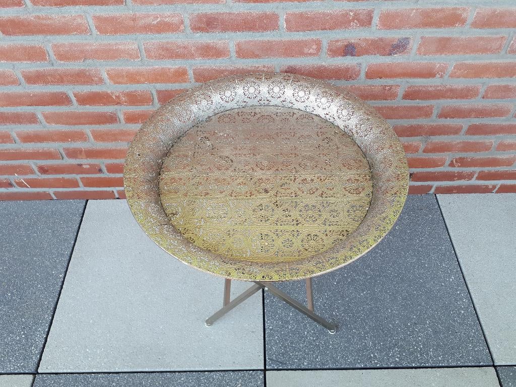 Oosters bijzettafel, Huis en Inrichting, Tafels | Bijzettafels, Minder dan 55 cm, Metaal of Aluminium, Rond, Zo goed als nieuw
