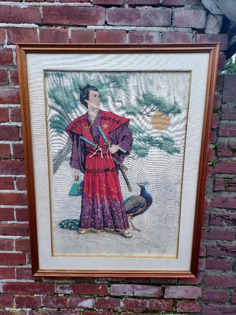 Schilderij, Japans naaldwerk van een samoerai., Antiek en Kunst, Kunst | Niet-Westerse kunst, Ophalen