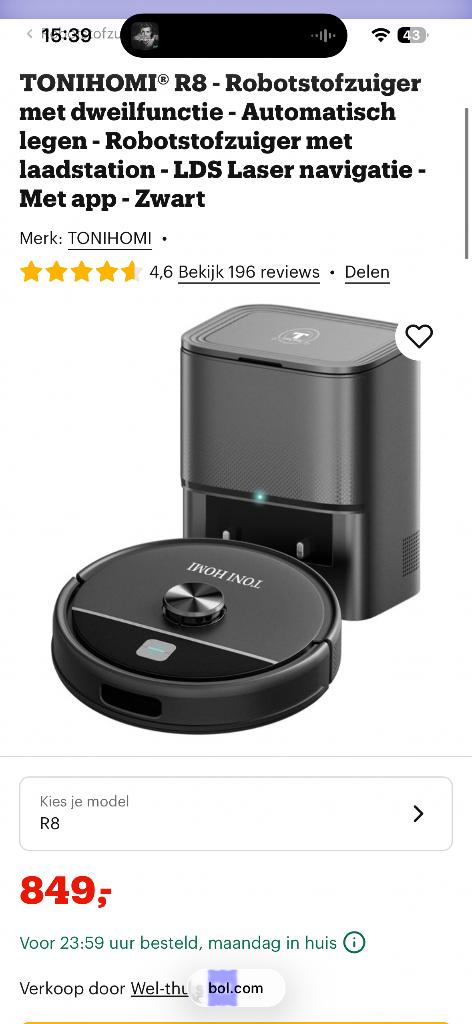 Nieuwe robotstofzuiger met dweil (winkelprijs €850), Stofzak, 1733AG, Nieuw, Ophalen of Verzenden