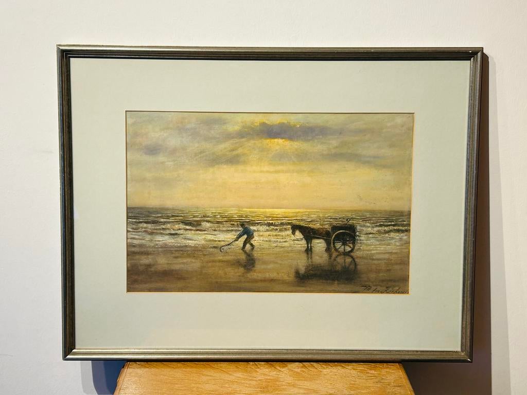 Willem P. ter Reehorst - Strandscène met visser (pastel), Ophalen of Verzenden