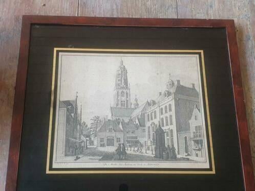 Gravure markt stadhuis kerk Rhenen C. Philips 1753, Antiek en Kunst, Kunst | Etsen en Gravures, Ophalen