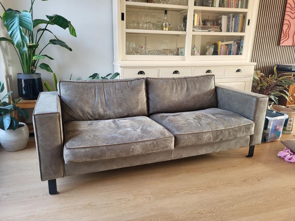 Microleder groene bank, zeer goed, Ophalen, Zo goed als nieuw, 75 tot 100 cm, 200 tot 250 cm