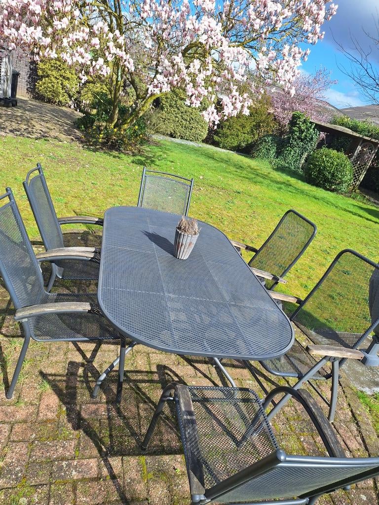 Kettler Tuinset met tafel, 6 stoelen, kussens en kussenbox, Ophalen, Gebruikt, 6 zitplaatsen, Aluminium