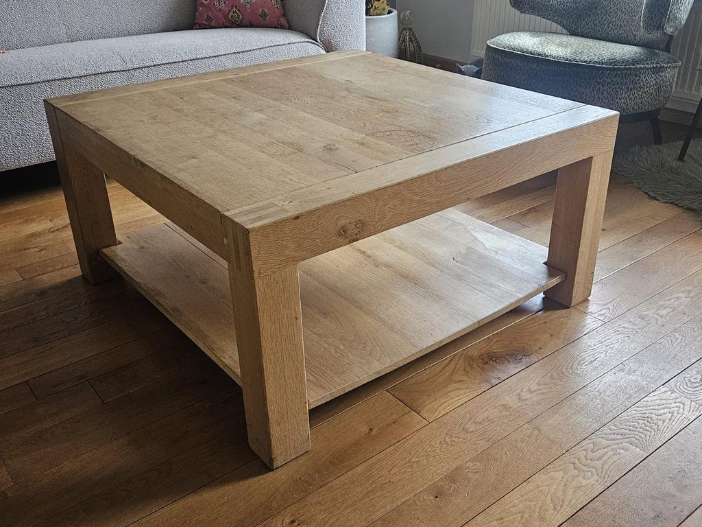 Prachtige Eiken Salontafel (100x100) – Landelijk & Robuust, Ophalen, Gebruikt, Minder dan 50 cm, 100 tot 150 cm