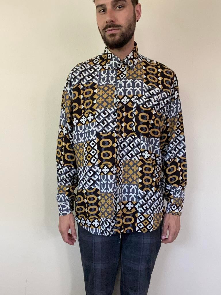 Vintage overhemd / shirt - print - 80’s/90’s -L / large, Kleding | Heren, Overhemden, 1073 BK, Vintage, Ophalen of Verzenden, Halswijdte 41/42 (L)