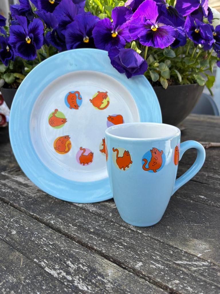 Jan jans en de kinderen de rode kater bord met hoge mok, Verzenden, Overige stijlen, Kop(pen) en/of Schotel(s)