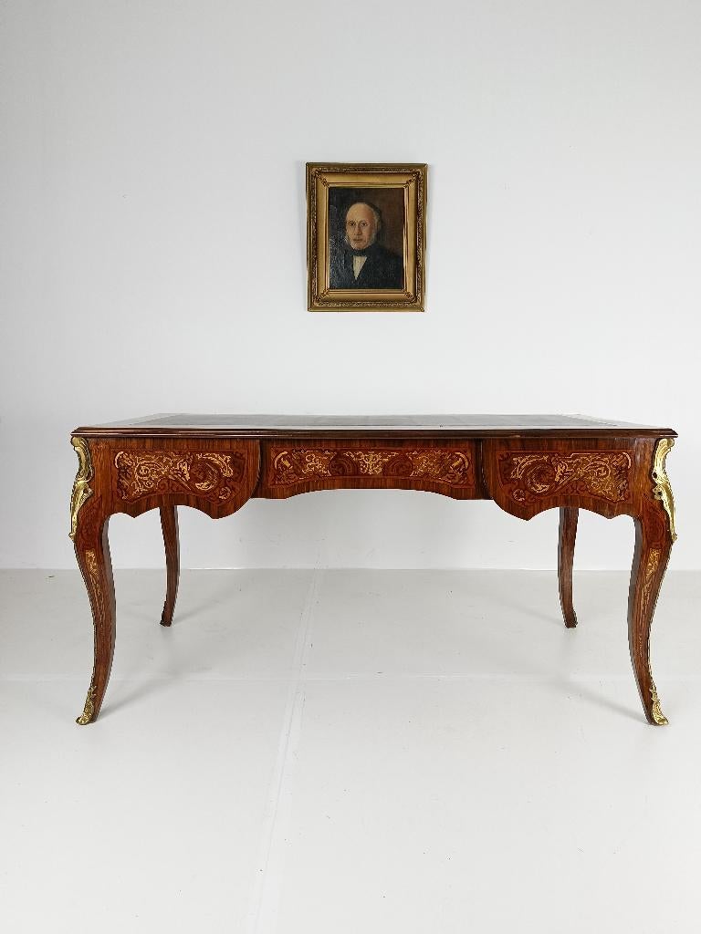 Louis XV dubbelzijdig mahonie en rozenhout plat bureau, Ophalen of Verzenden