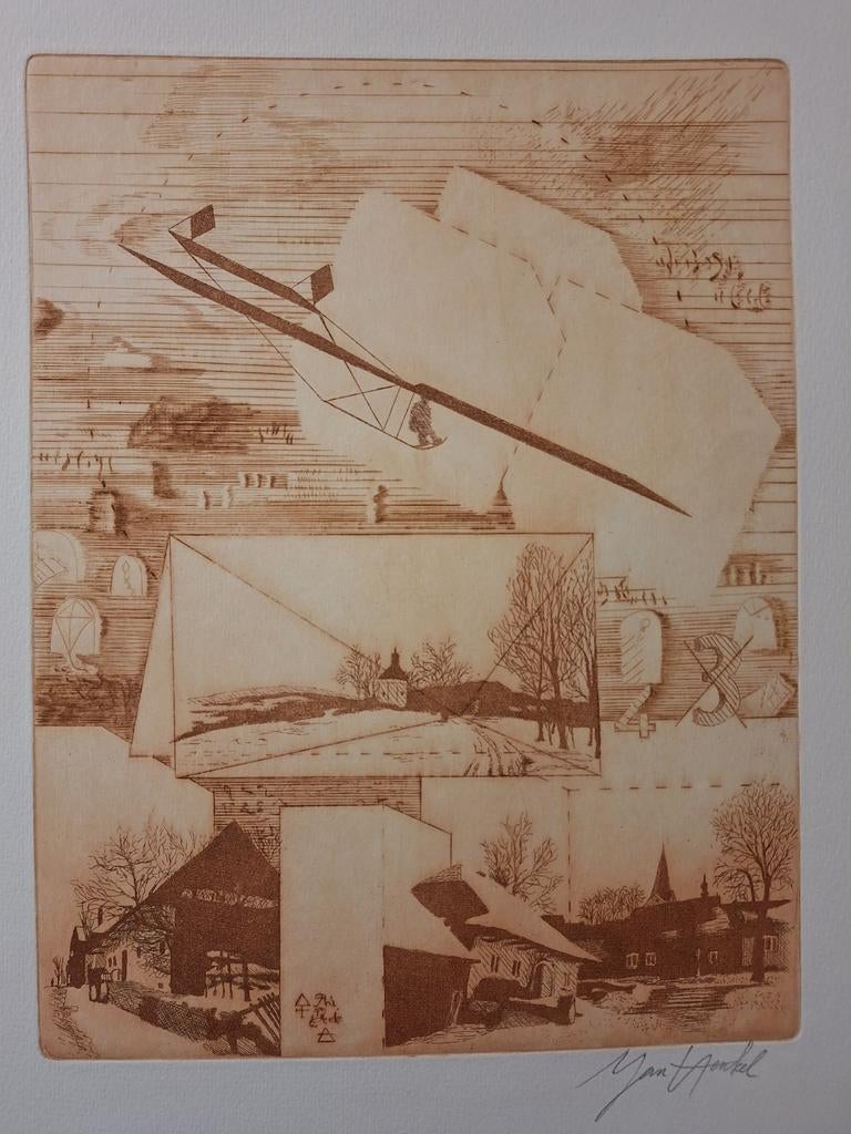 Moderne Ets met Vliegtuig en Landschappen Jan henkel, Ophalen of Verzenden