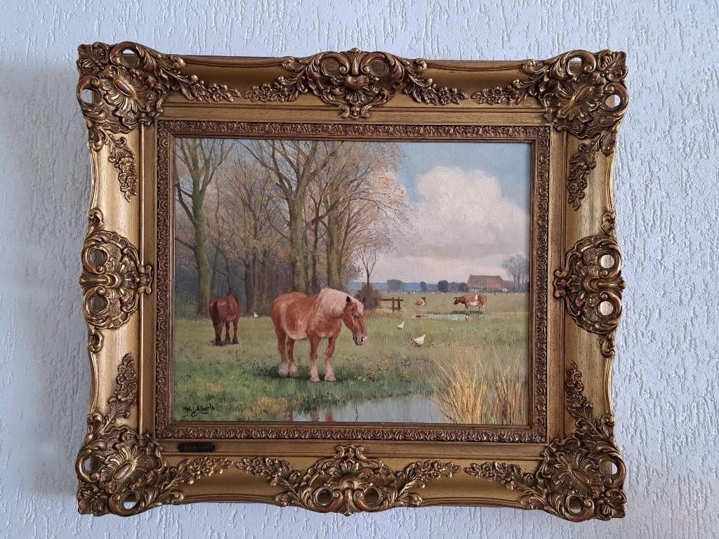 Authentiek schilderij W.J.Alberts "Landschap met paarden"., Antiek en Kunst, Kunst | Schilderijen | Klassiek, Ophalen