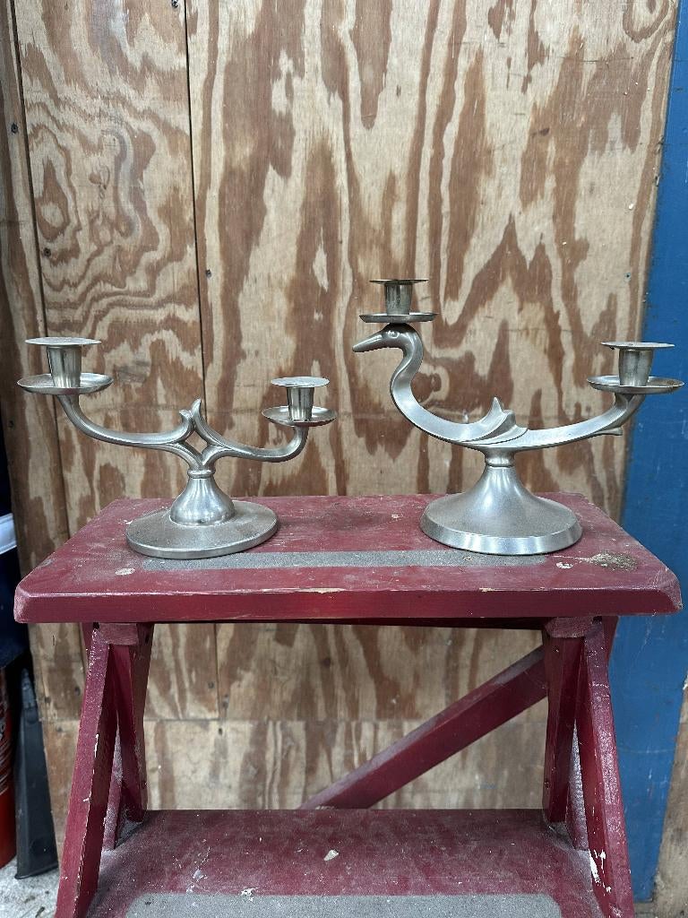 Vintage metalen / tin kandelaars (Metawa Holland), Antiek en Kunst, Ophalen of Verzenden