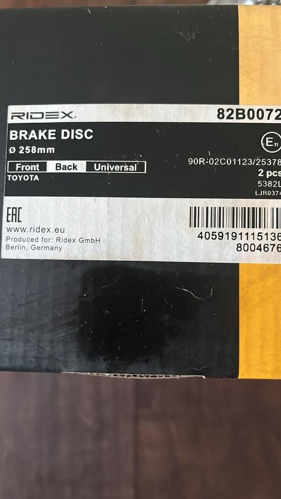 remschijven toyota yaris sport achterzijde, Ridex, Jw.engineering.techniek@gmail.com, Nieuw, Ophalen of Verzenden