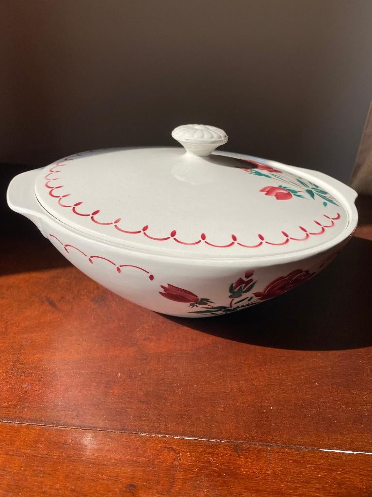 Brocante Franse dekschaal gebloemd met deksel, Antiek en Kunst, Ophalen of Verzenden