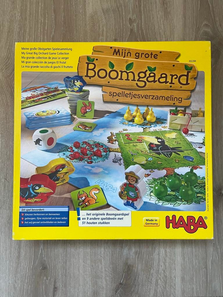 Haba Spelbox Mijn Grote Boomgaard- Spelletjesverzameling, Vijf spelers of meer, Ophalen, Zo goed als nieuw