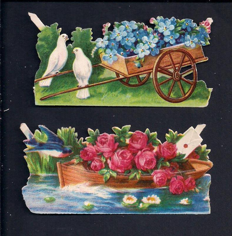 Bloemen kar en boot antieke poezieplaatjes (192), Ophalen of Verzenden