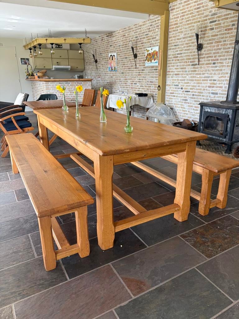 Eiken houten tafel met banken, Huis en Inrichting, Tafels | Eettafels, Ophalen, Eikenhout, 200 cm of meer, 50 tot 100 cm