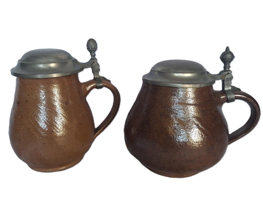 2 steengoed kannen met tinnen deksel, Verzenden