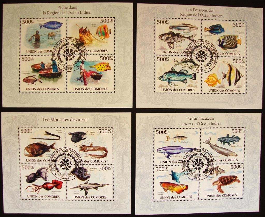 - 751 - 4 Blokken met Vissers + Vissen., Verzenden, Gestempeld, Dier of Natuur